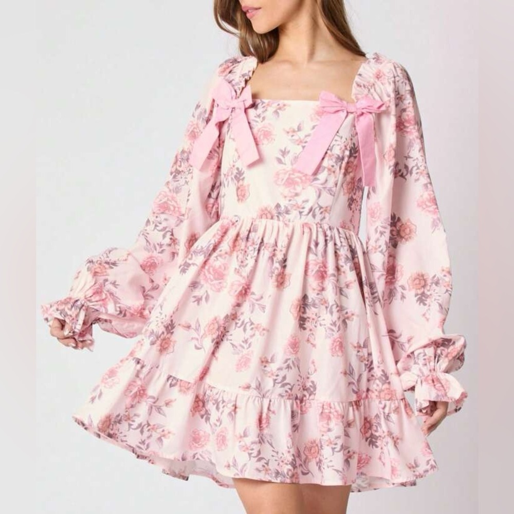 Pink Floral Puff-Sleeve Mini Dress with Ruffle Trim & Bows